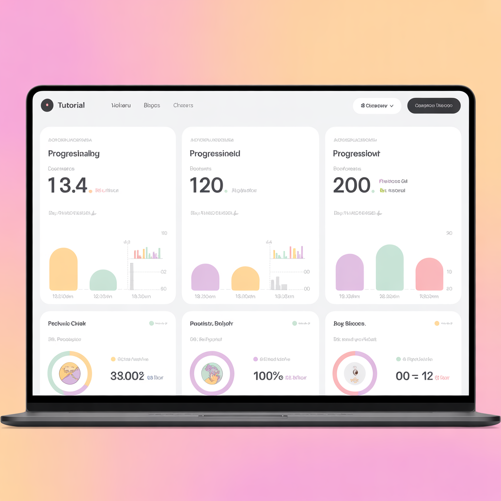 A sleek display showing tutorial blog reader analytics and colorful progress charts. Bright, professional top-down photography. No humans.